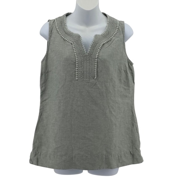 Talbots Tops - Talbots Linen Cotton Blend Sleeveless Top Sage Green Boho Crochet Trim Small